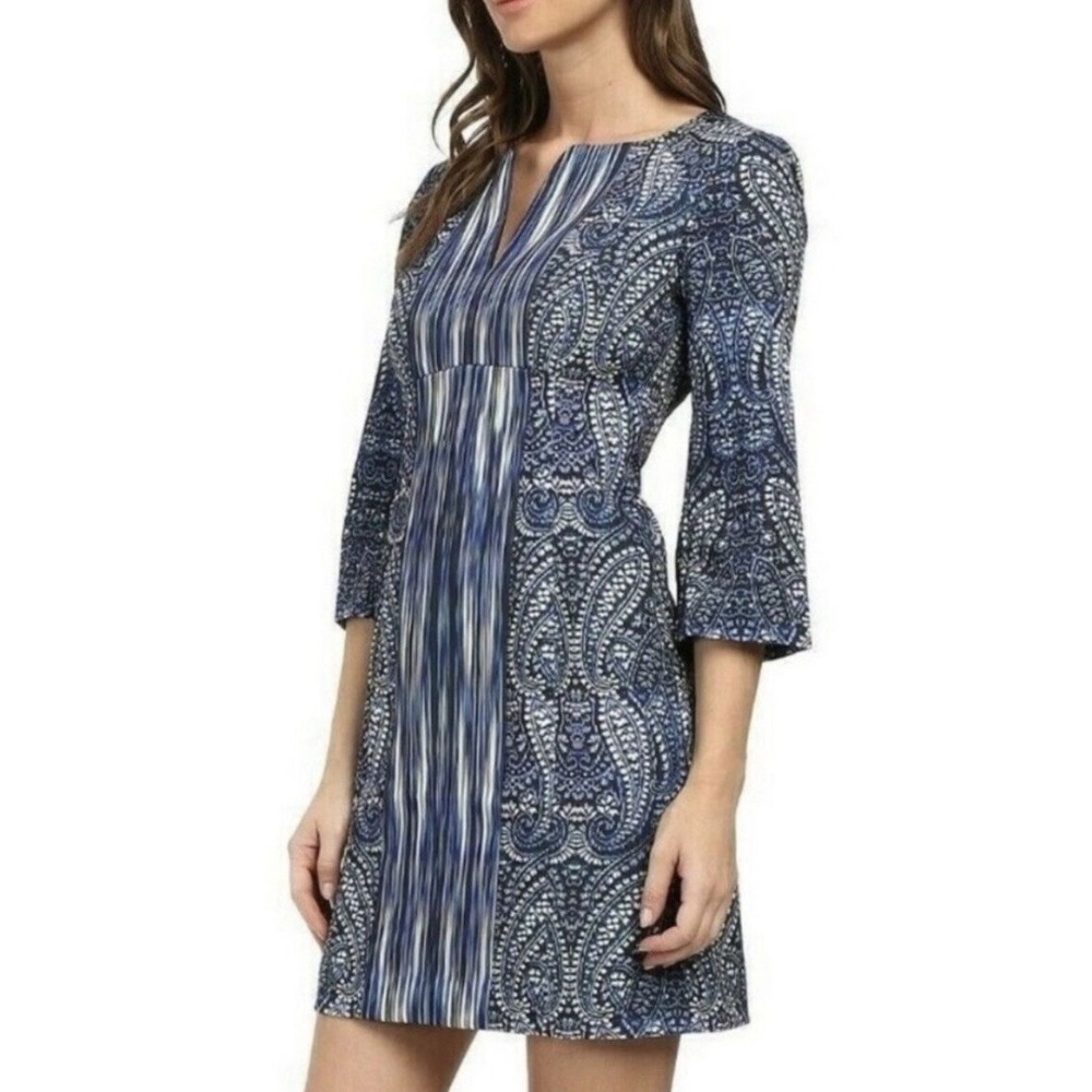 Nanette Lepore Sheath Dress 3/4 Sleeve Zip Lined Blue Black Paisley‎ Short Sz 0